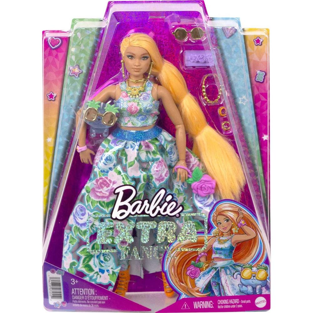 Barbie Extra Fancy Doll with Curvy Shape & Orange Hair Floral Gown & Pet Kitten