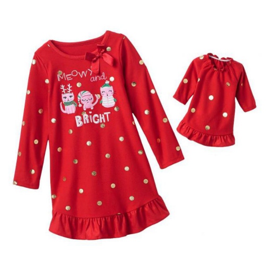 Jumping Beans Girls Red Caroling Kitty Cat Nightgown & Doll Night Gown Set 7