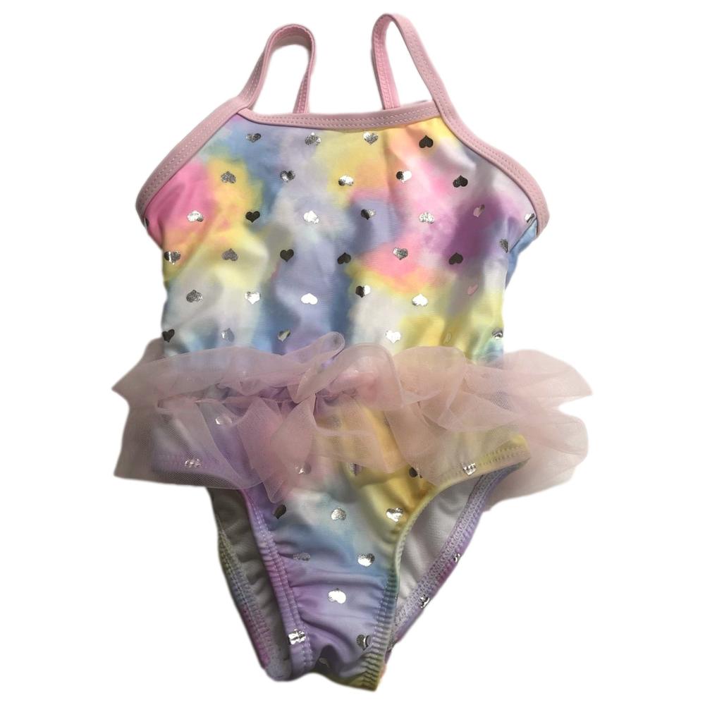 WonderNation Infant Girls Ruffled Rainbow Tie Dye Hearts 1pc Baby Swimming Swim Suit 12m