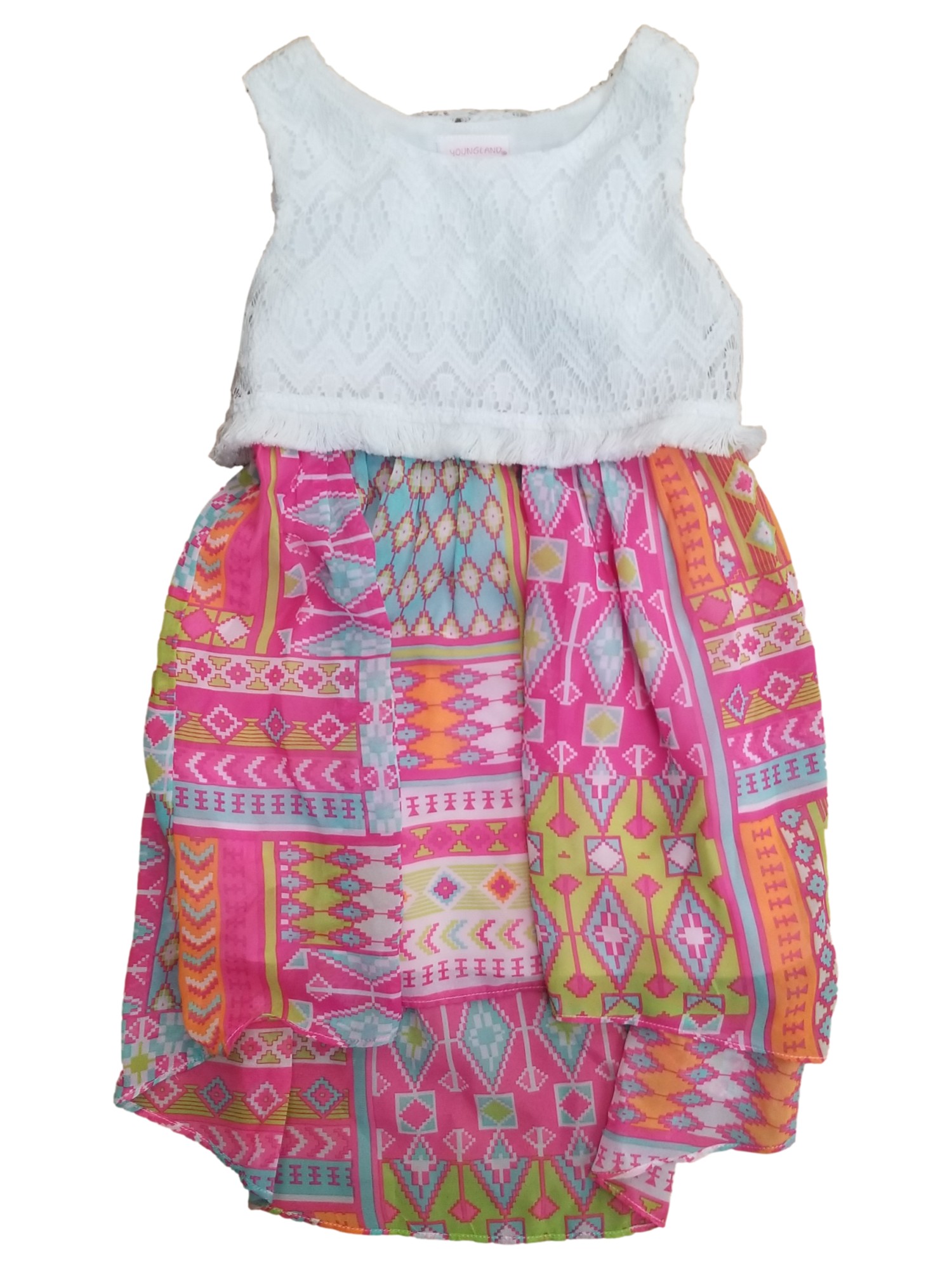 Youngland Toddler Girls White Orange & Pink Patterned High Low Dress w/ Tie 3T