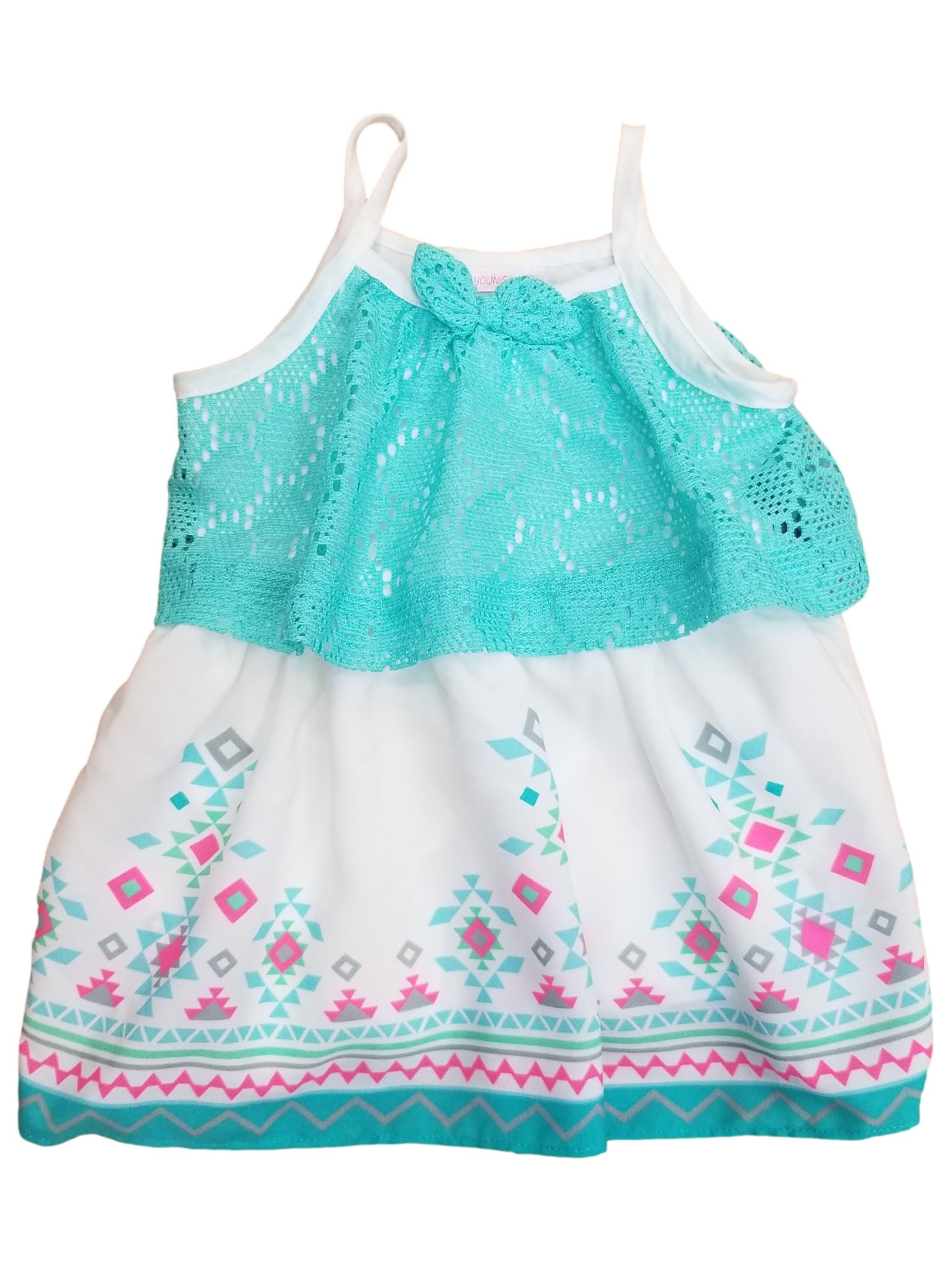 Youngland Toddler Girls Aqua Blue & White Lace Patterned Tank Dress w/ Tie 2T