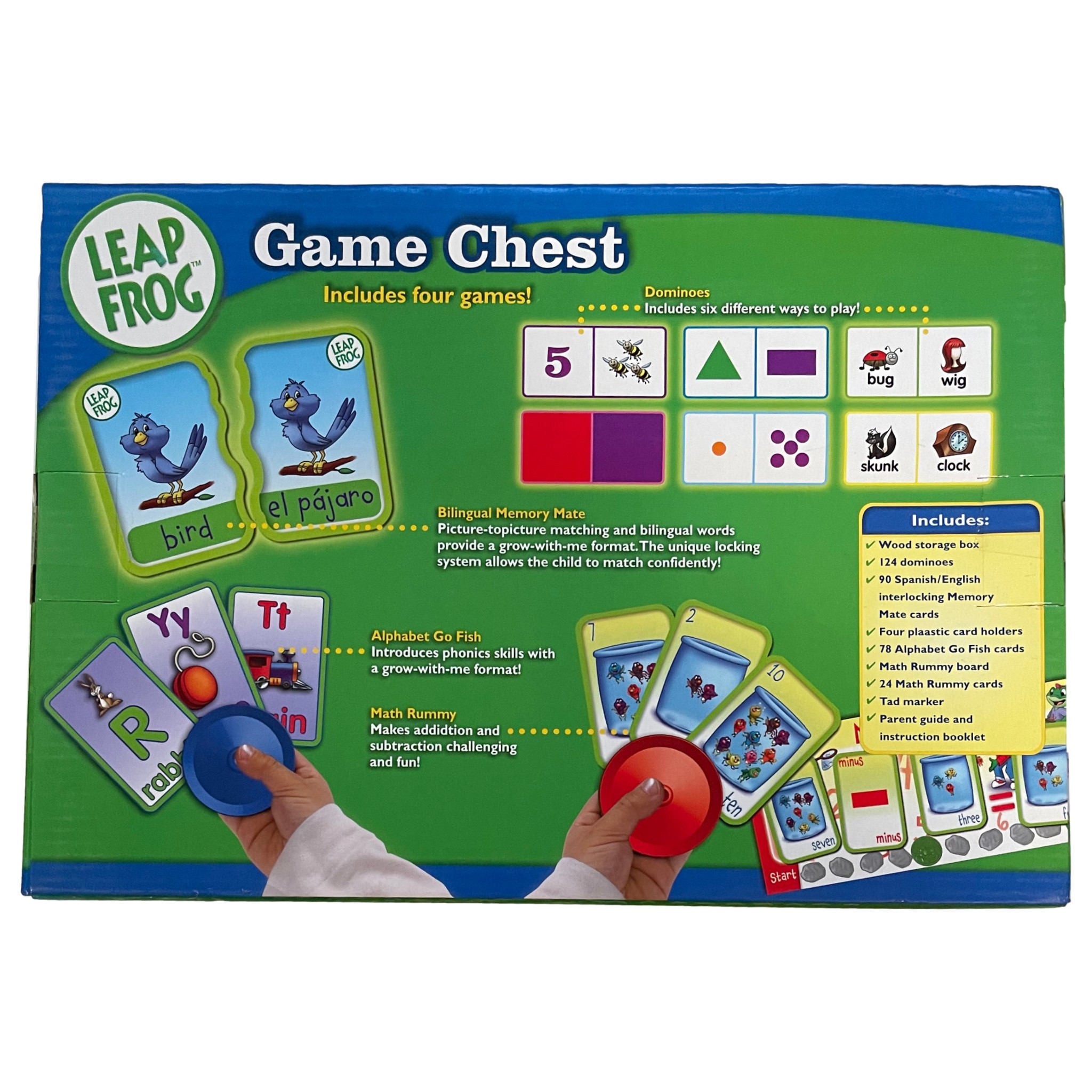 LeapFrog Leap Frog Game Chest with 4 Games Dominoes Math Rummy Alphabet Go Fish Wood Box