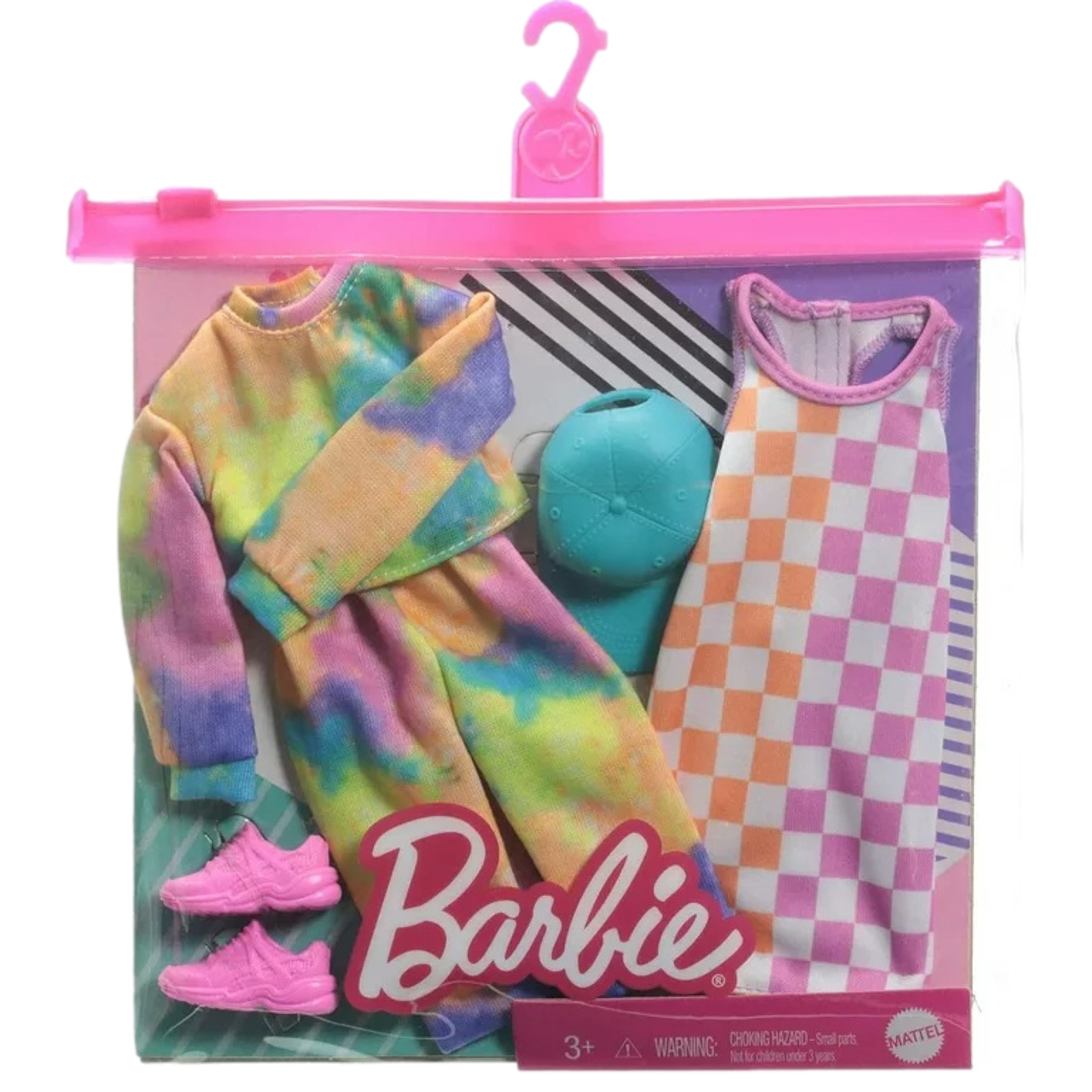 Barbie Fashion Pack Doll Clothes, Tie-Dye Sweater, Checkered Dress, Hat & Shoes