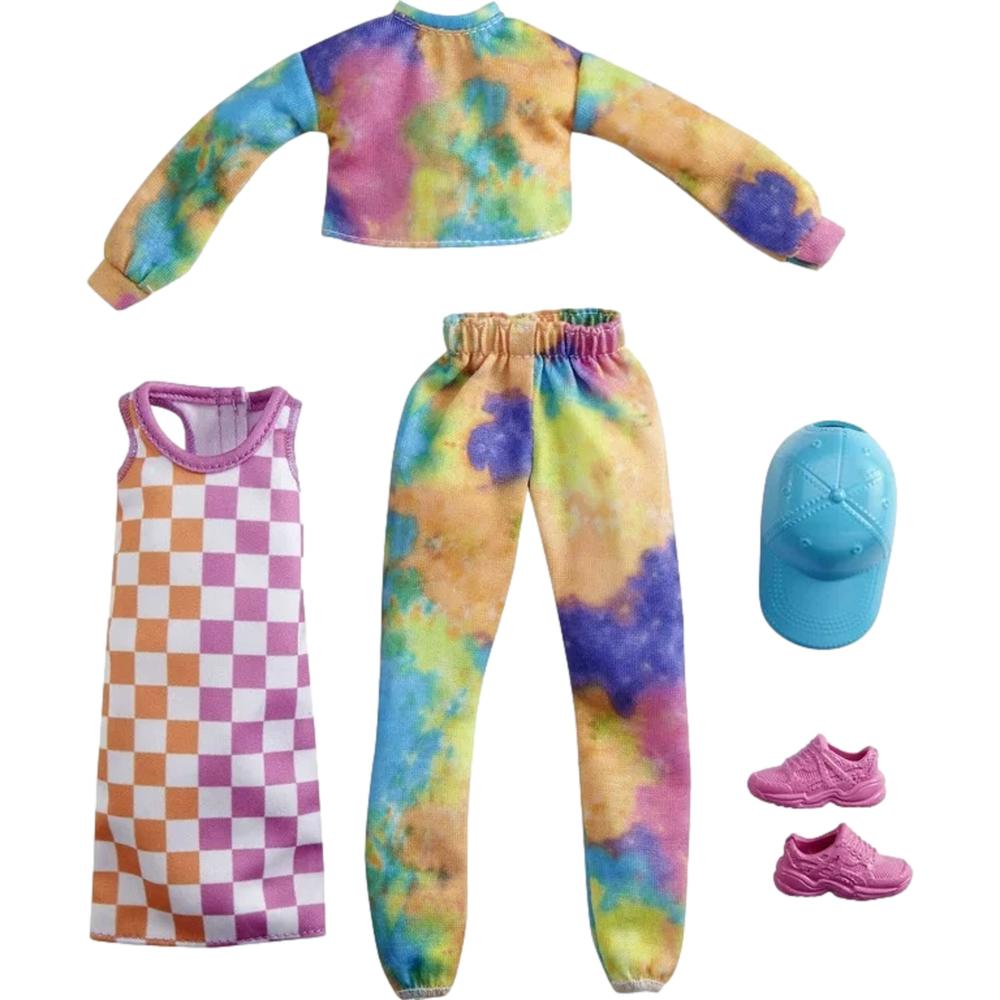 Barbie Fashion Pack Doll Clothes, Tie-Dye Sweater, Checkered Dress, Hat & Shoes