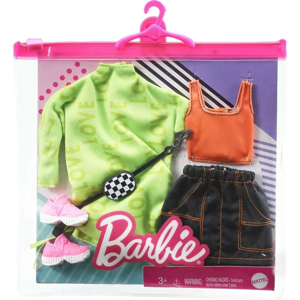 Barbie Fashion Pack Doll Clothes, Green Sweatshirt Dress, Skirt, Shirt & Shoes