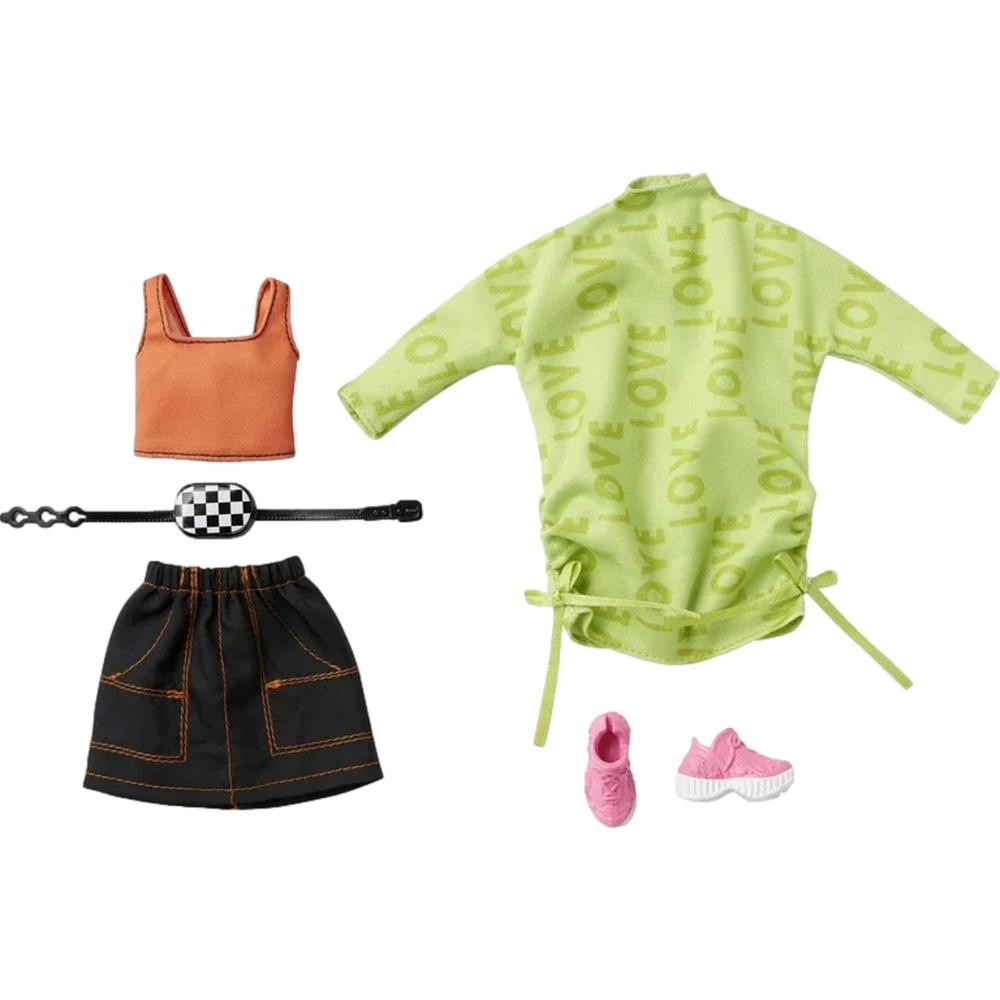 Barbie Fashion Pack Doll Clothes, Green Sweatshirt Dress, Skirt, Shirt & Shoes
