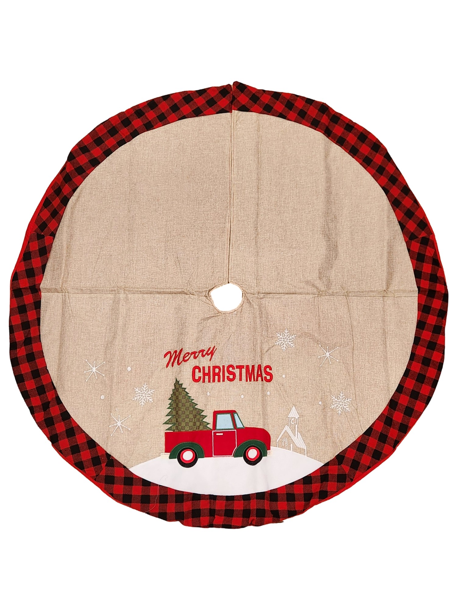 The Christmas Shoppe 48 inch Brown Buffalo Plaid Red Truck Merry Christmas Holiday Tree Skirt Decor