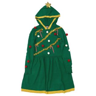 Mad Engine Girls Green Knit Blinged Out Tinsel Christmas Tree Hoodie Holiday Dress Mad Engine Girls Green Knit Blinged Out Tinsel Christmas Tree Hoodie Holiday Dress