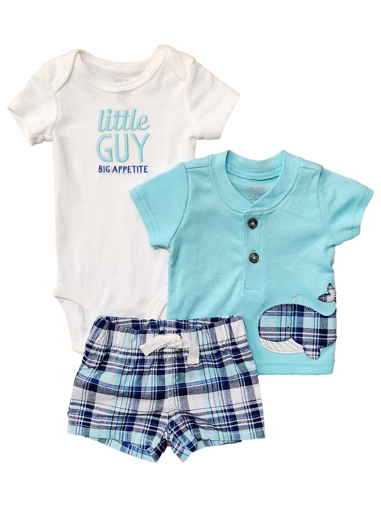 Carter's Infant Boys Blue 3 Piece Bodysuit Whale T-Shirt & Plaid Shorts NB