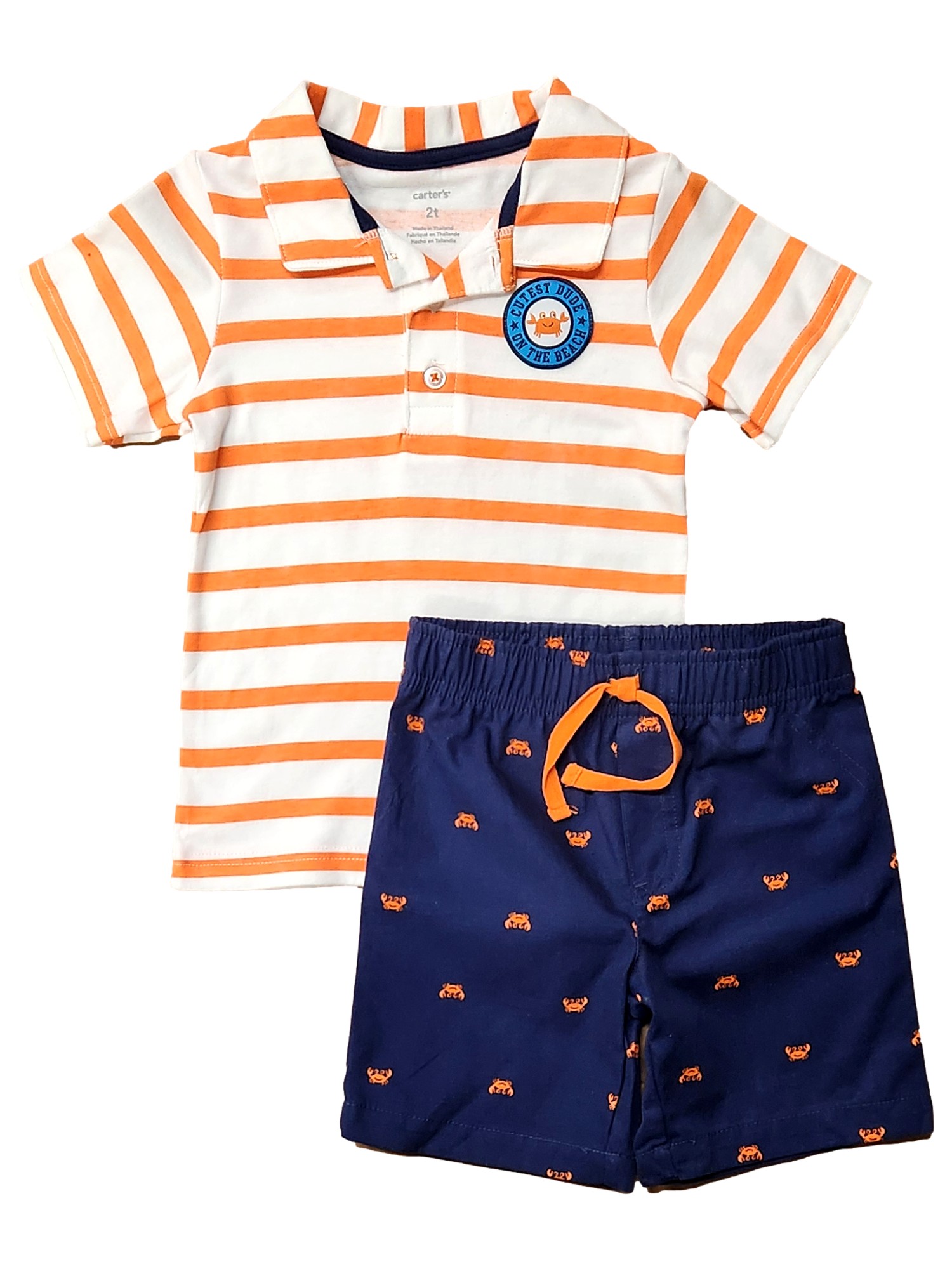 Carter's Carters Toddler Boys White Stripe Crab Polo Shirt & Shorts Outfit Set 2T