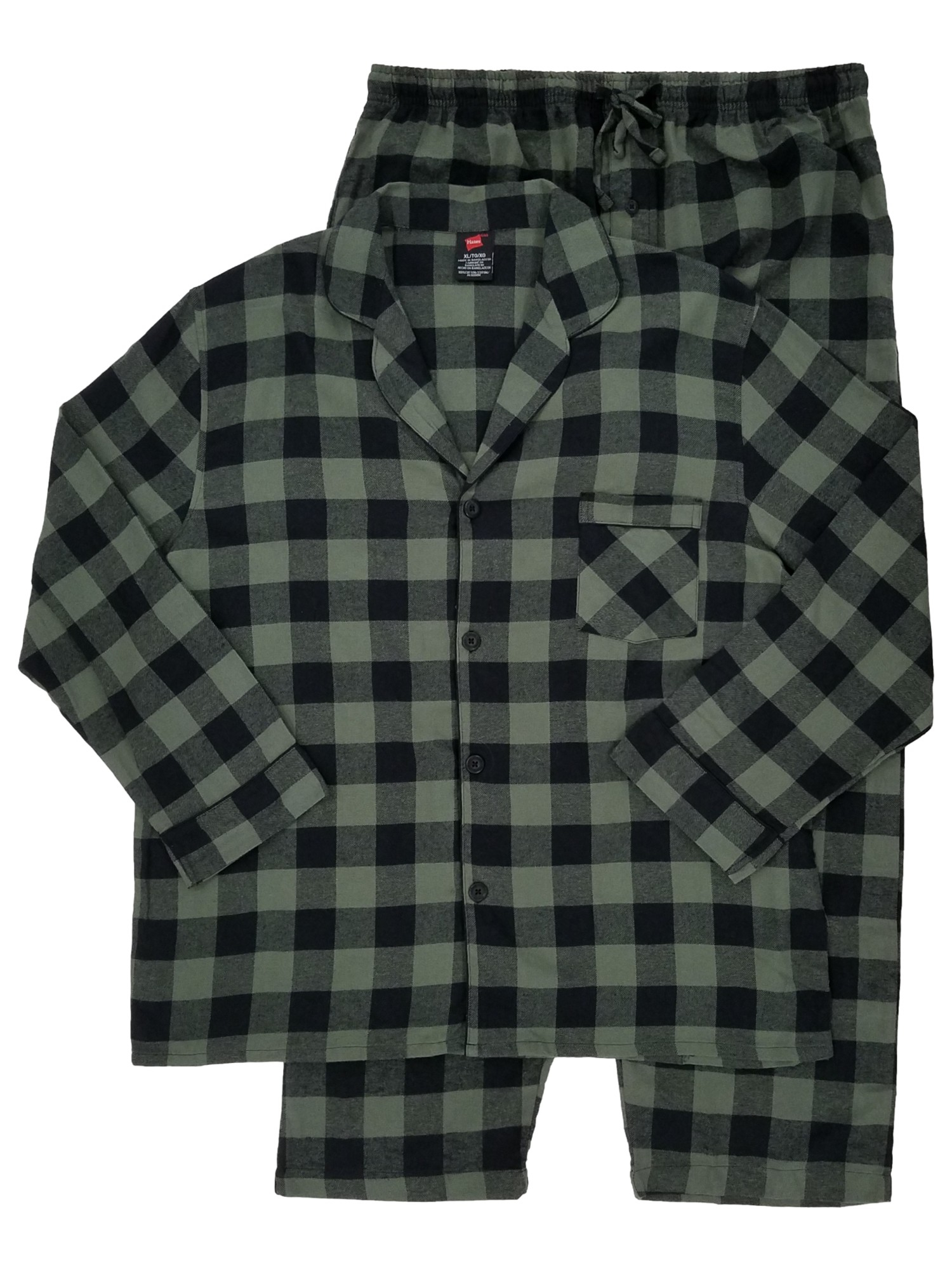 Hanes Mens 2-Piece Green Buffalo Plaid Flannel Sleepwear Pajama Set Sleep Set