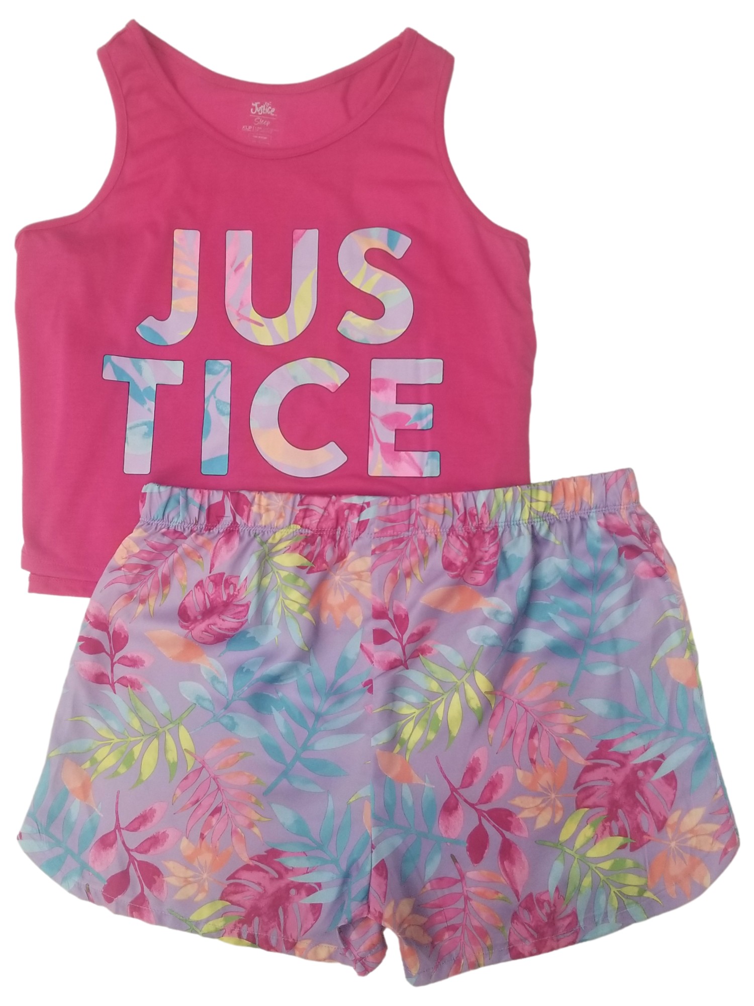 Justice Girls Pink Purple Tropical Pajamas Shorts Tank Top Sleep