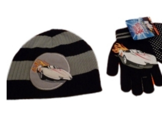Disney Boys Black & Gray Striped Speed Racer Hat & Gloves Beanie Set