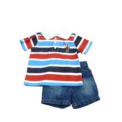 U.S. Polo Assn. USPA Infant Toddler Boys Red White Blue Striped Polo Shirt Jean Shorts Set 4T