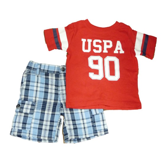 Polo USPA 90 Infant Toddler Boys 2 Piece Red T-Shirt Blue Plaid Shorts Set