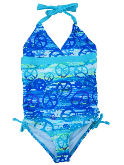 Angel Beach Girls Blue Peace Sign Swimming Suit Swim Halter Bathing Suit 1PC
