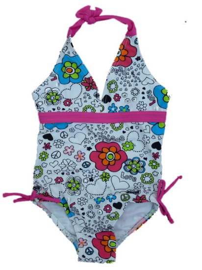 St Tropez Girls White Flower Heart Print Swimming Suit Swim Bathing Suit 1 PC