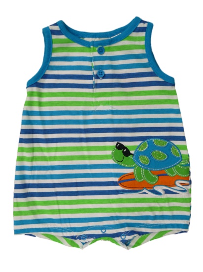 BT Kids Infant Boys Surfing Turtle Blue Green Striped Romper Bodysuit Outfit