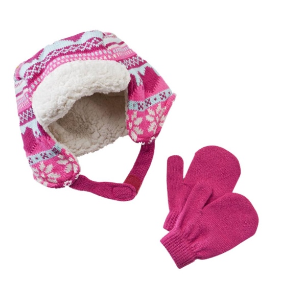 WonderKids Wonder Kids Toddler Girls Pink Knit Hearts & Sherpa Trapper Hat & Mittens Set