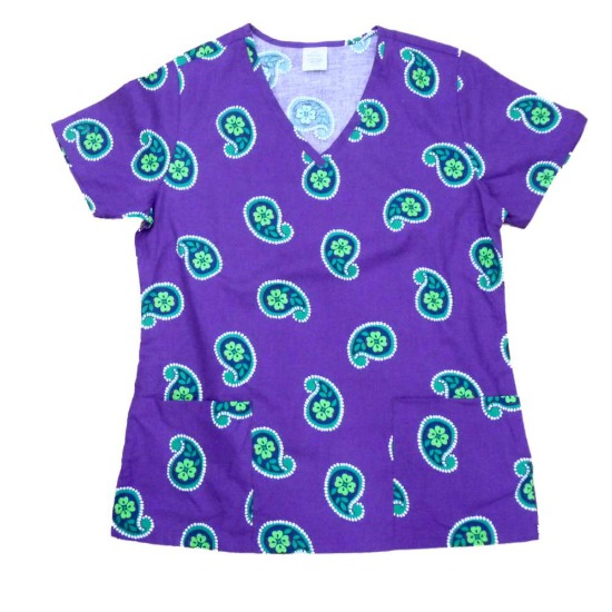 Simply Basic Womens Purple Paisley Medical Smock Nurse Scrubs Shirt Top