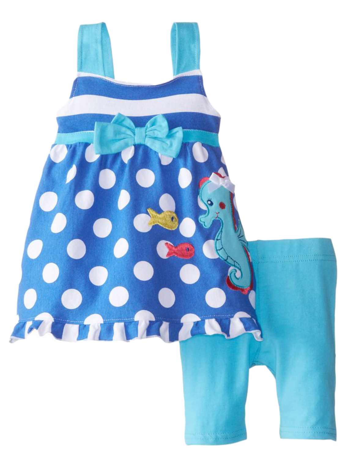 Young Hearts Girls Seahorse Outfit Blue & White Dot Top & Shorts 2 Piece Set