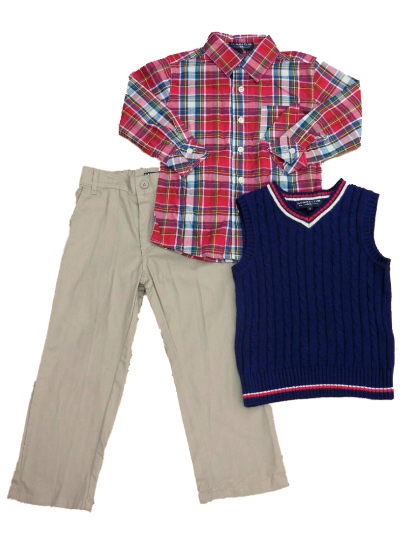 Sahara Club Boys Holiday Outfit with Khaki Pants Dress Shirt Blue Sweater Vest 4