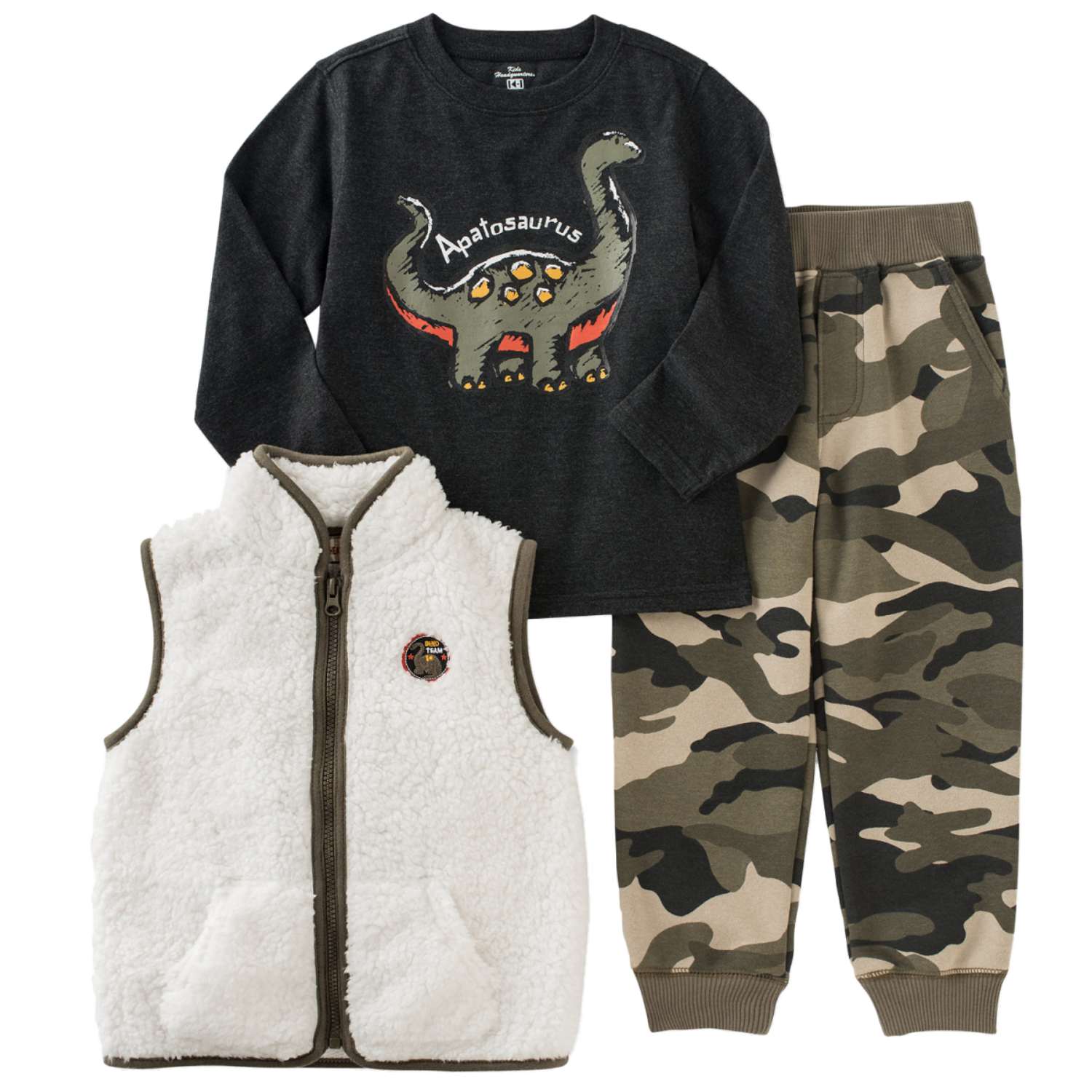 Kids Headquarters Infant Toddler Boys 3P Outfit Vest Dino Shirt Camo Pants 3-6m