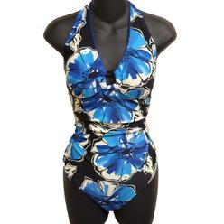 Tropical Escape Womens Blue Tropical Floral Halter Swimsuit Bathing Suit 10