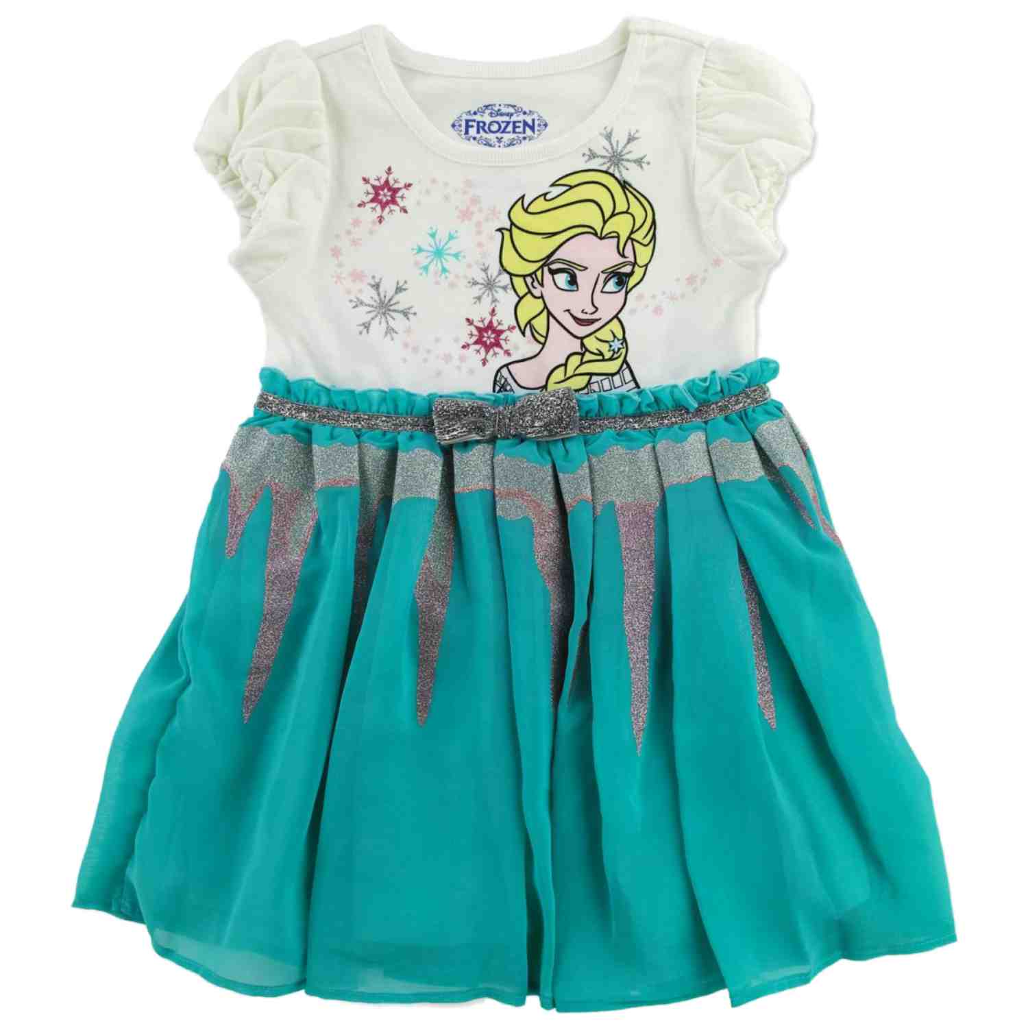 Disney Girls Frozen Princess Elsa Glittery Aqua Green Short Sleeve Dress