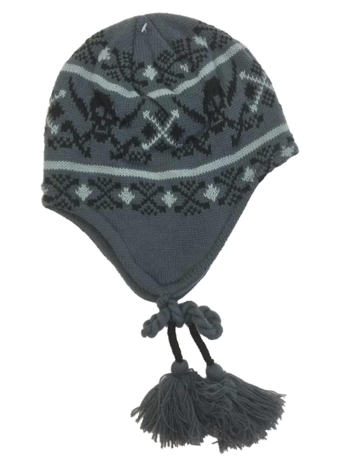 Ben Berger Boys Gray Skull Peruvian Beanie Fleece Lined Winter Hat