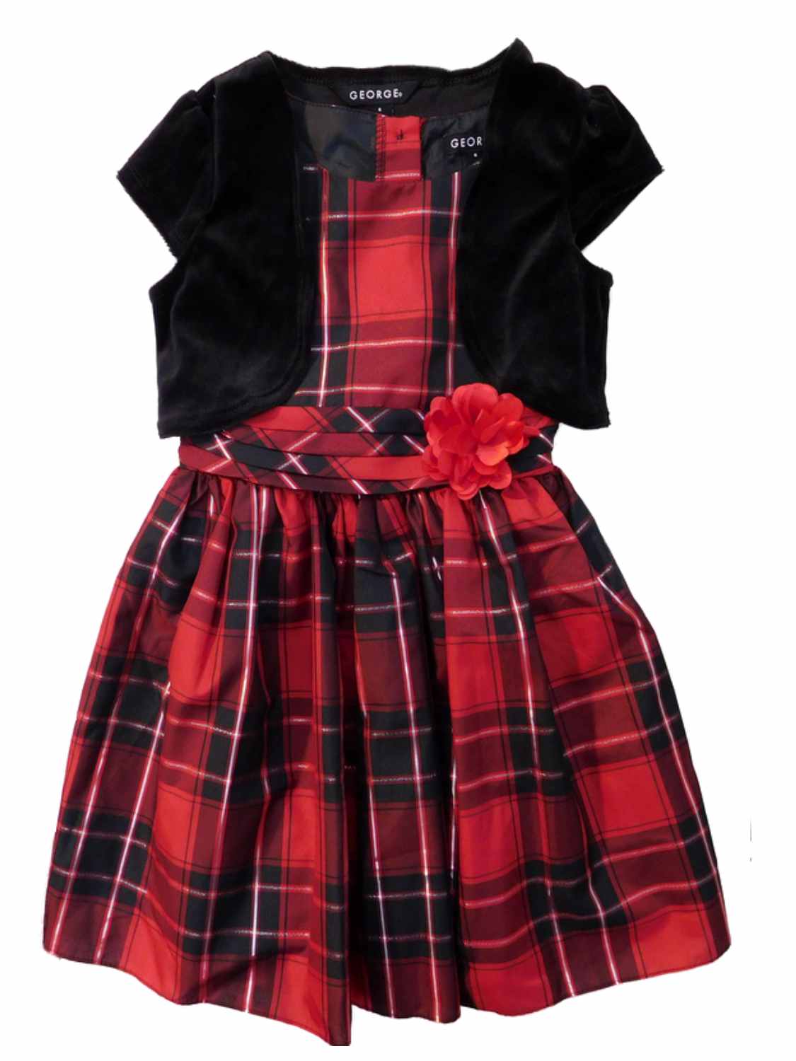 George Girls 2 PC Red Plaid Holiday Party Dress & Black Velour Caplet Set