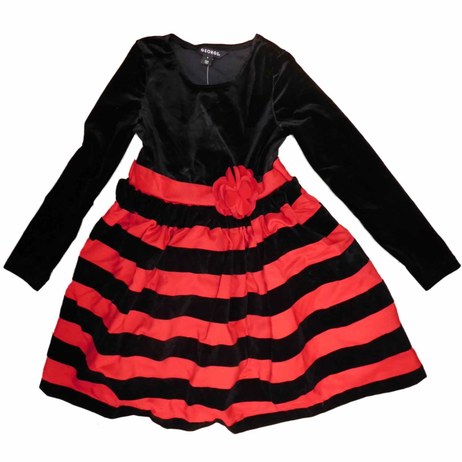 George Girls Red Black Velour Stripe Long Sleeve Holiday Party Dress