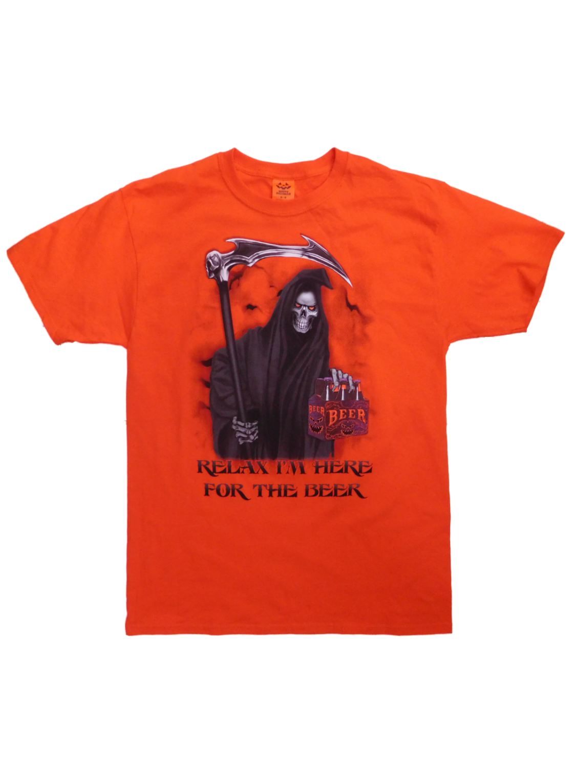 Happy Halloween Mens Orange Grim Reaper Here For The Beer Halloween T-Shirt