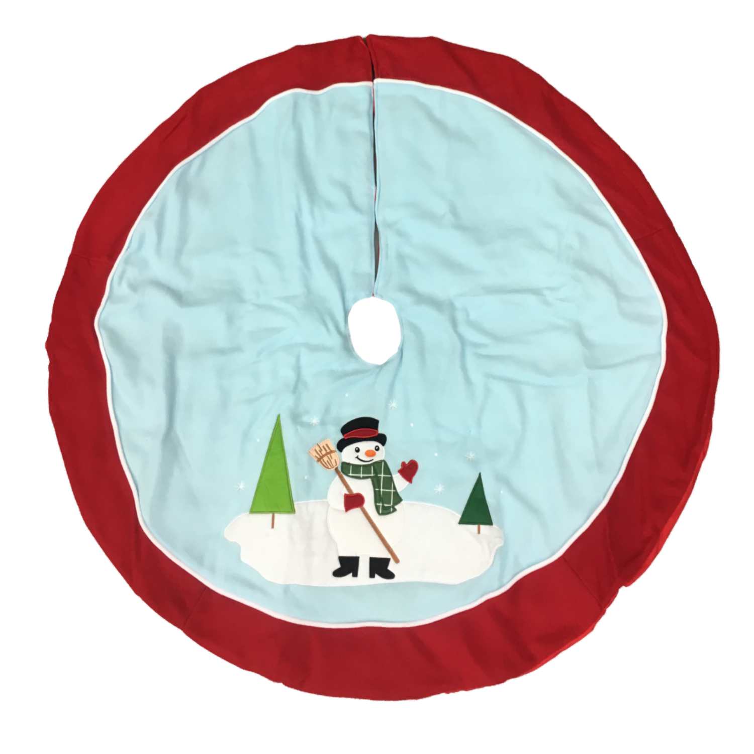 Holiday Blue & Red Felt Christmans Tree Skirt With Holiday Snowman Broom & Snowflakes