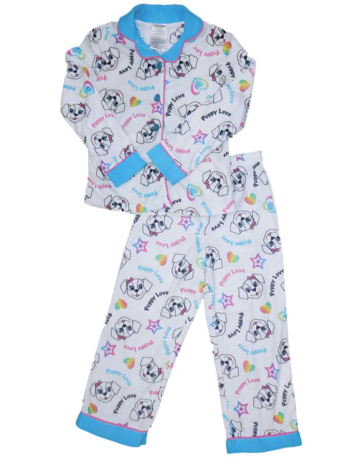 Heart Girls White Dog With Bow Pajamas Puppy Love Rainbow Hearts Flannel Sleep Set XS