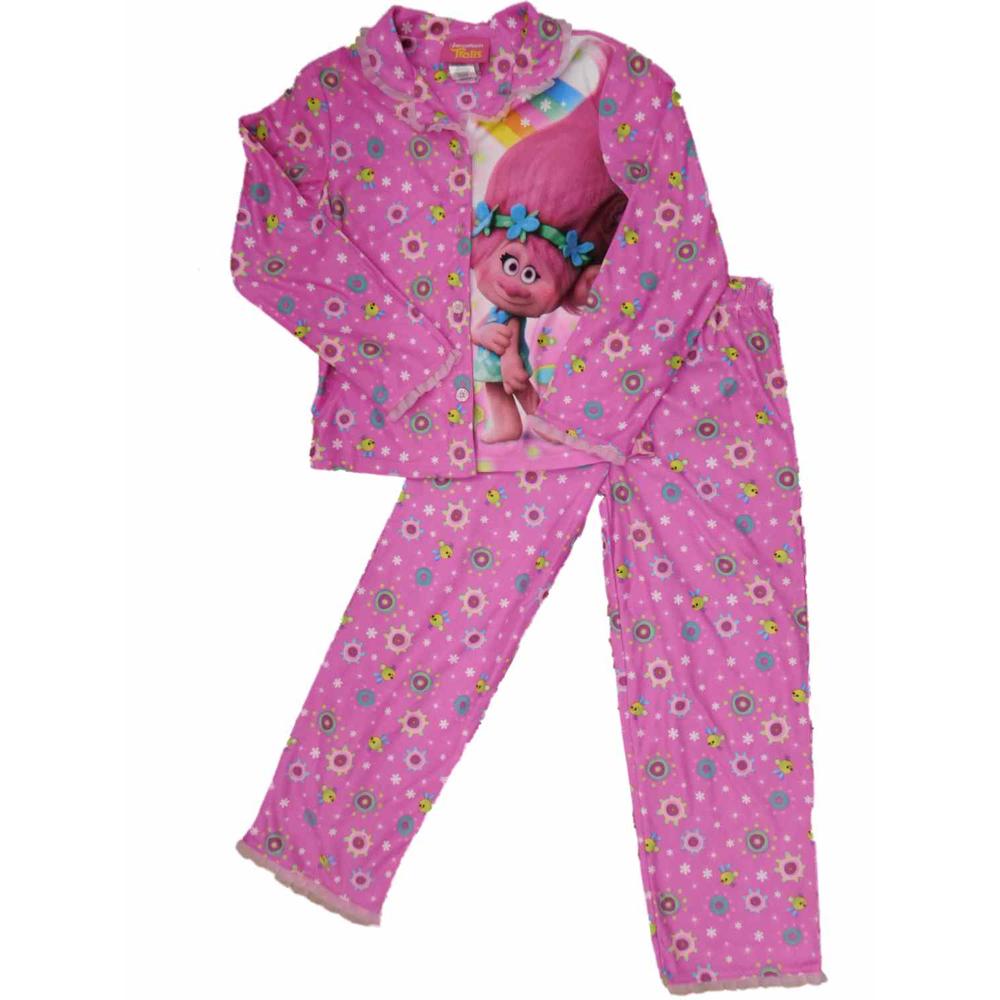 Poppy Pyjamas Trolls Girls Princess Poppy Pajamas Flowers & Fireflies Pink Flannel ...