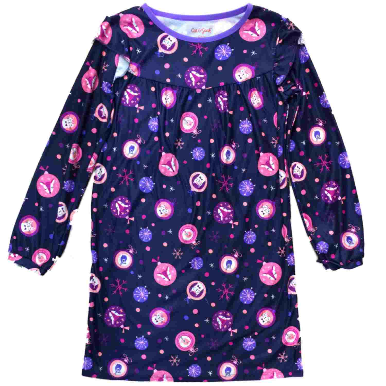 Catjack Girls Blue Flannel Animail Ornaments Christmas Holiday Nightgown Cat Deer