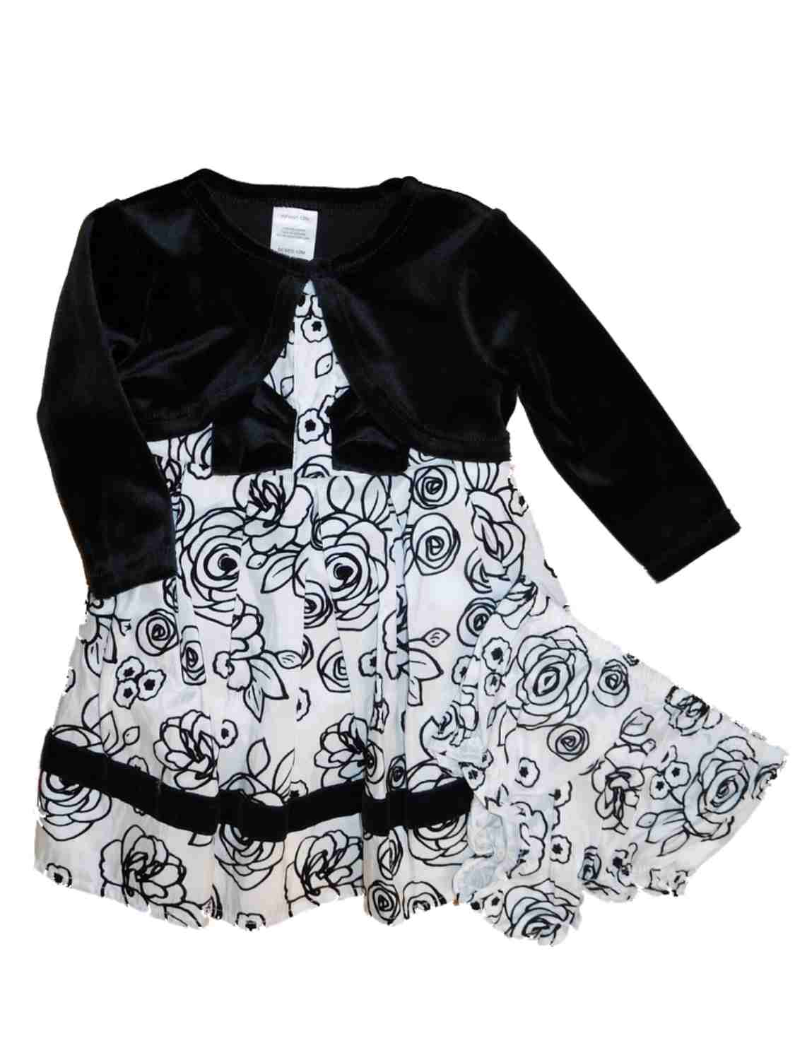 Youngland Infant Baby Girls White & Black Flower Velvety Christmas Holiday Party Dress 24M