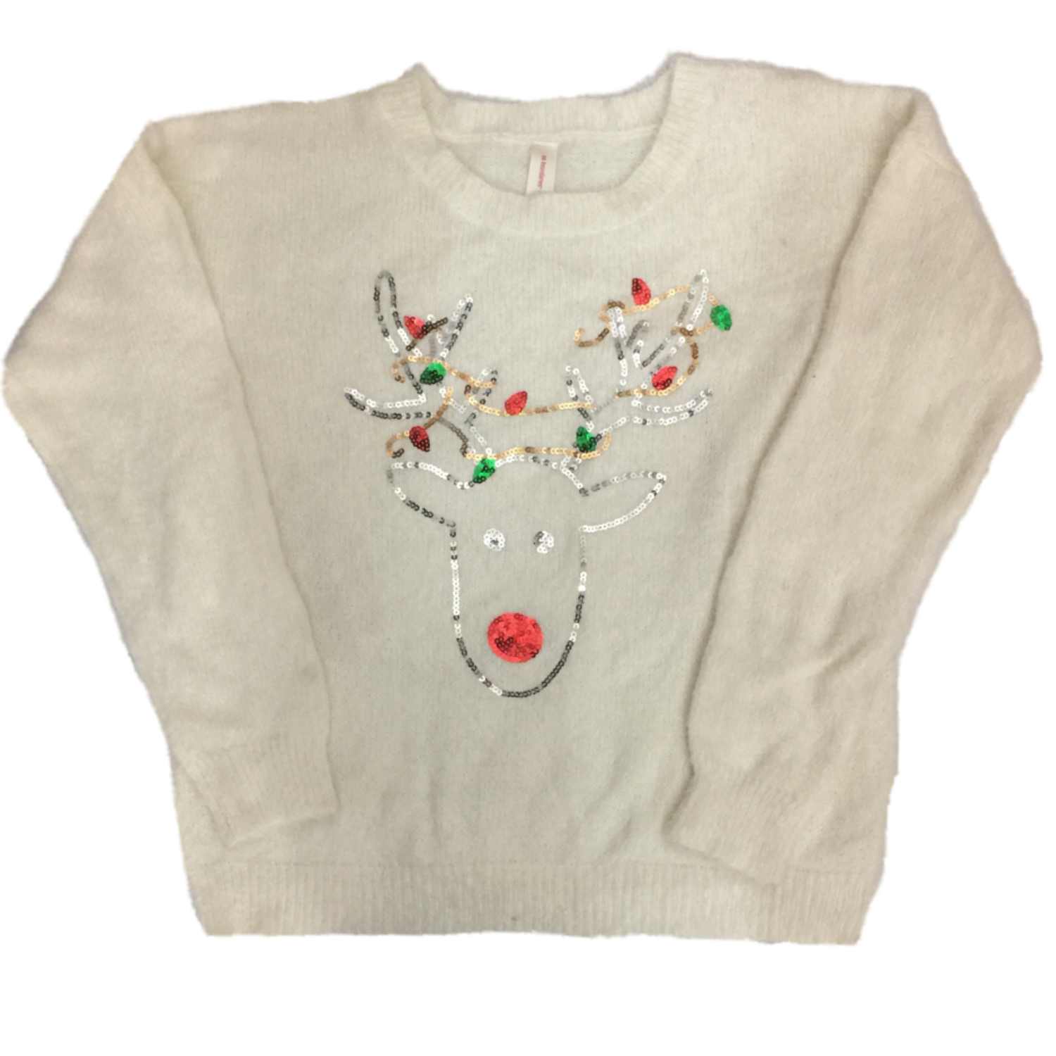 NOBO Junior Womens Christmas Stag & Lights Sweater Sequin Reindeer Holiday Pullover
