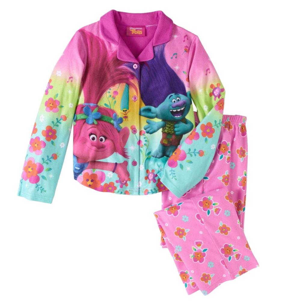 The Trolls Girls Pink Flannel Trolls Movie Pajamas Poppy & Branch Button Front Sleep Set