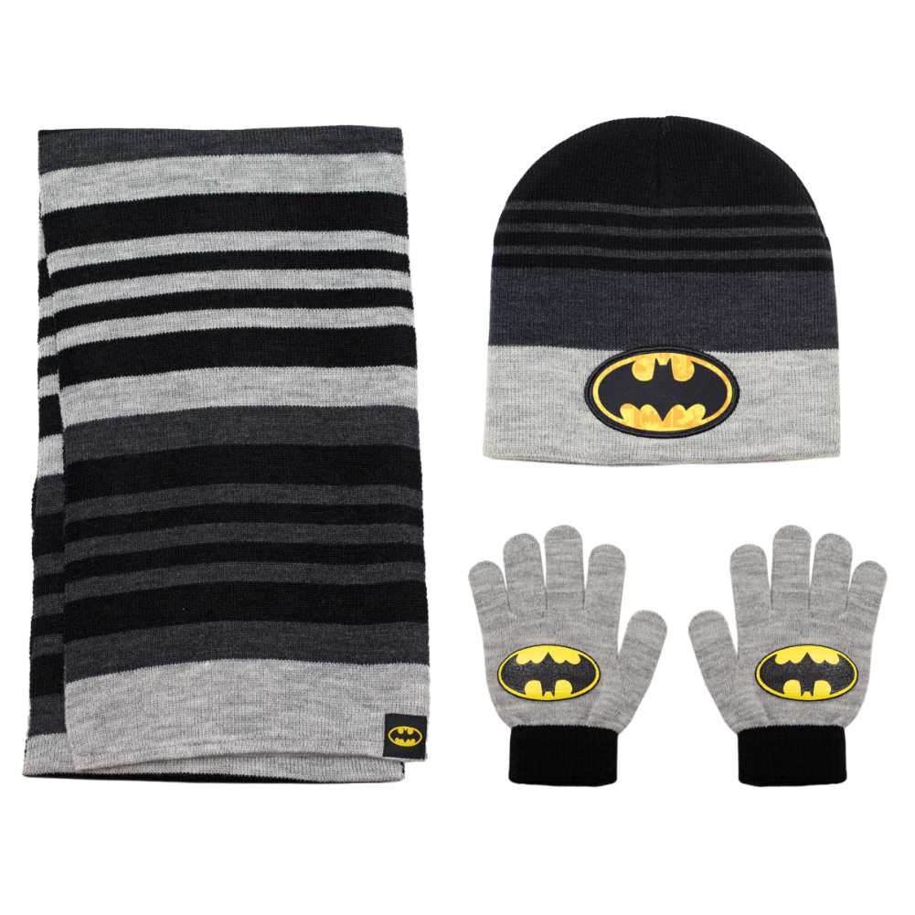 DC Comics Boys Gray Stripe Batman Knit Beanie Hat Scarf & Gloves Set Bat Man