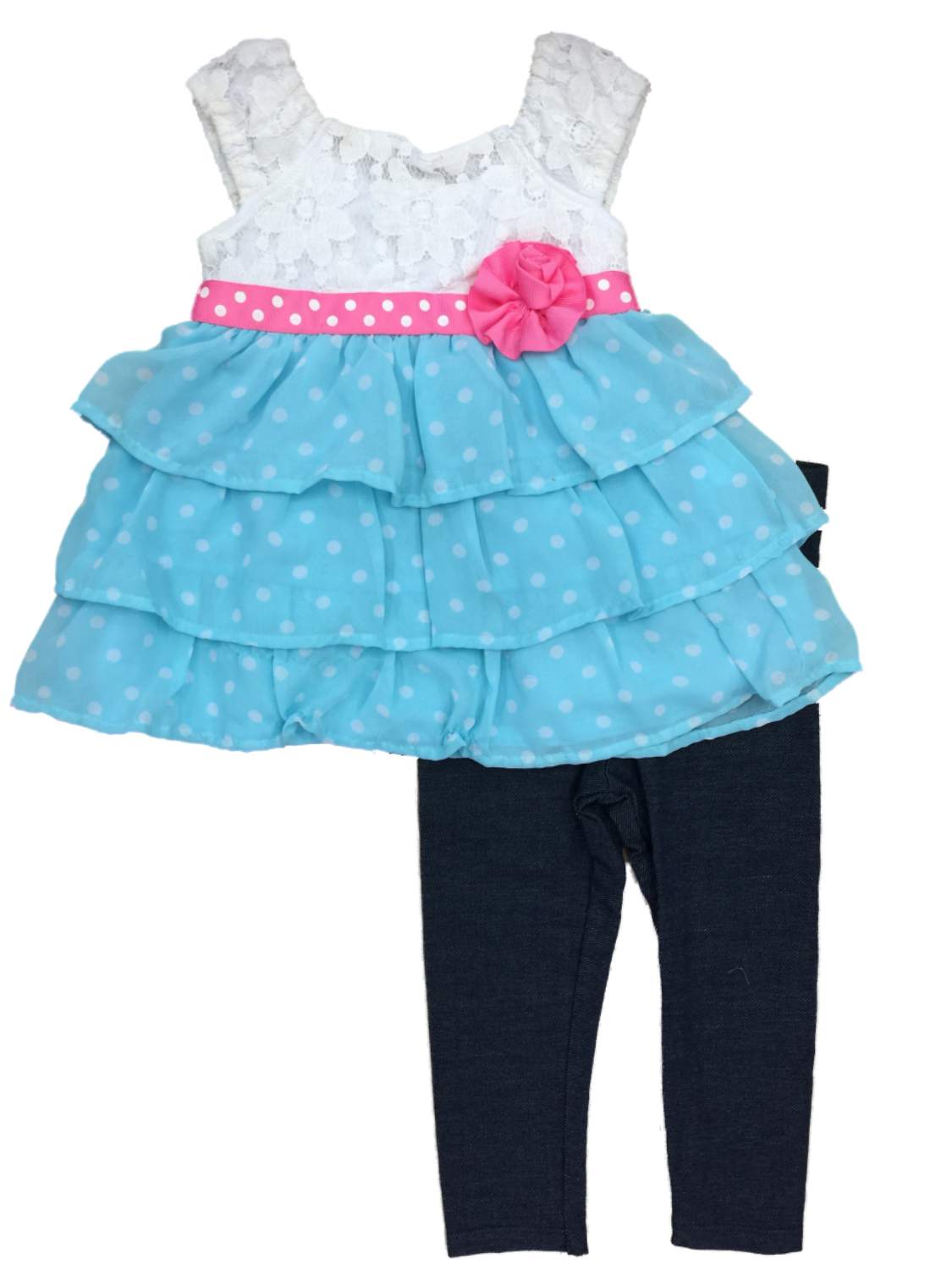 Youngland Infant Girls Baby Outfit Blue & White Ruffle Polka Dot Shirt & Jeggings Set 24m