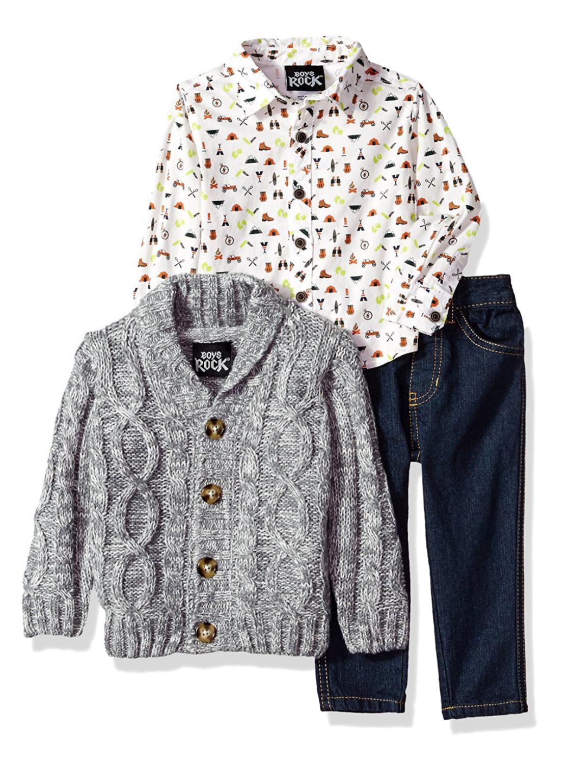 Boys Rock Infant & Toddler Boys 3-Piece Gray Cardigan Woven Shirt & Denim Pant Set