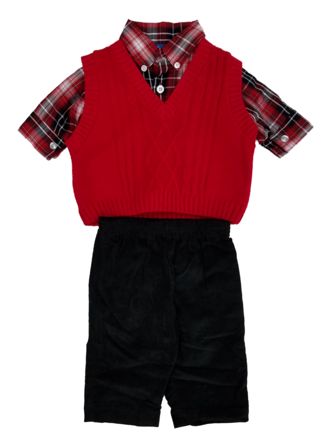 Happy Fella Infant Boys 3pc Red Sweater Vest Plaid Shirt & Black Corduroy Pant Set 3-6m