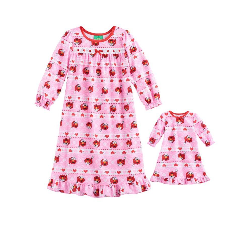 Sesame Street Toddler Girls Pink Flannel Elmo Holiday Nightgown & Doll Night  Gown Set