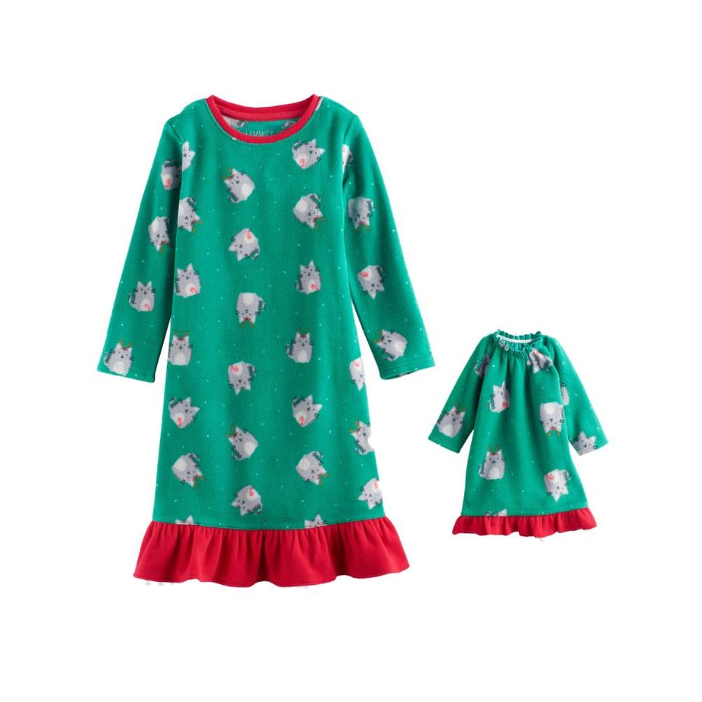 Jammies Toddler Girls Green Fleece Kitty Cat Holiday Nightgown Baby Doll Gown Set 2t