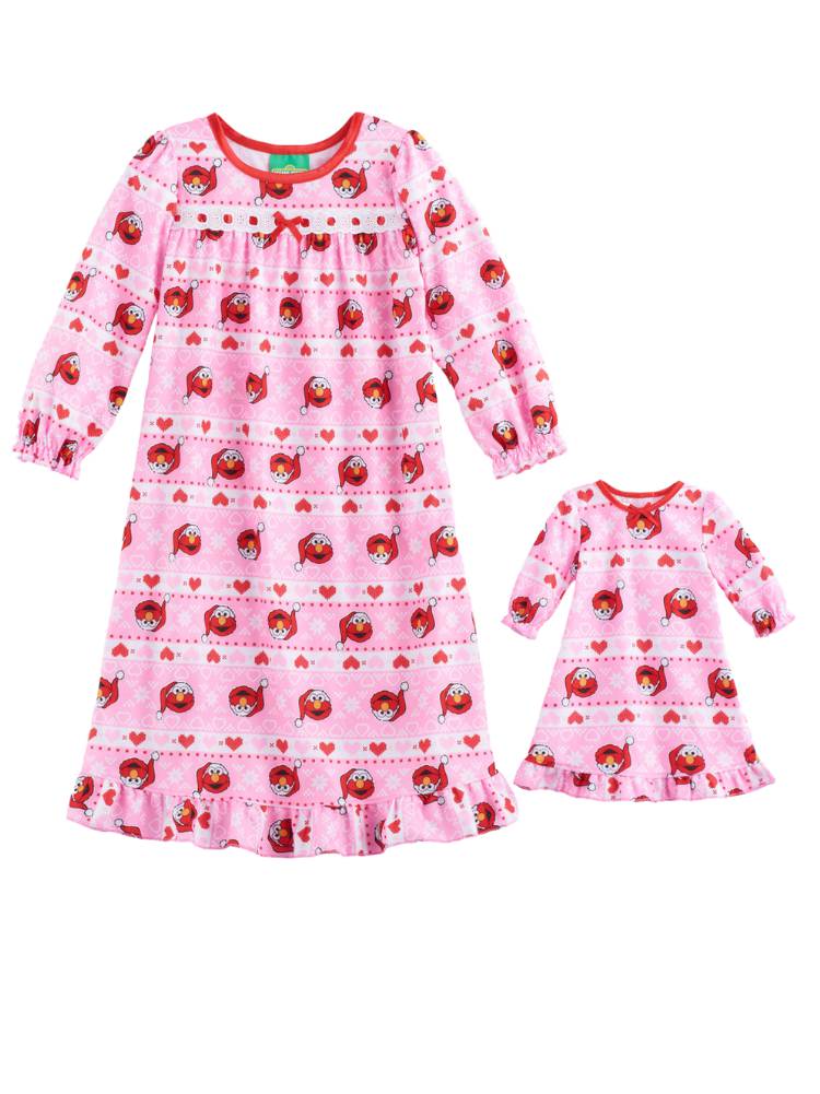 Sesame Street Toddler Girls Pink Flannel Elmo Holiday Nightgown Doll Night Gown Set