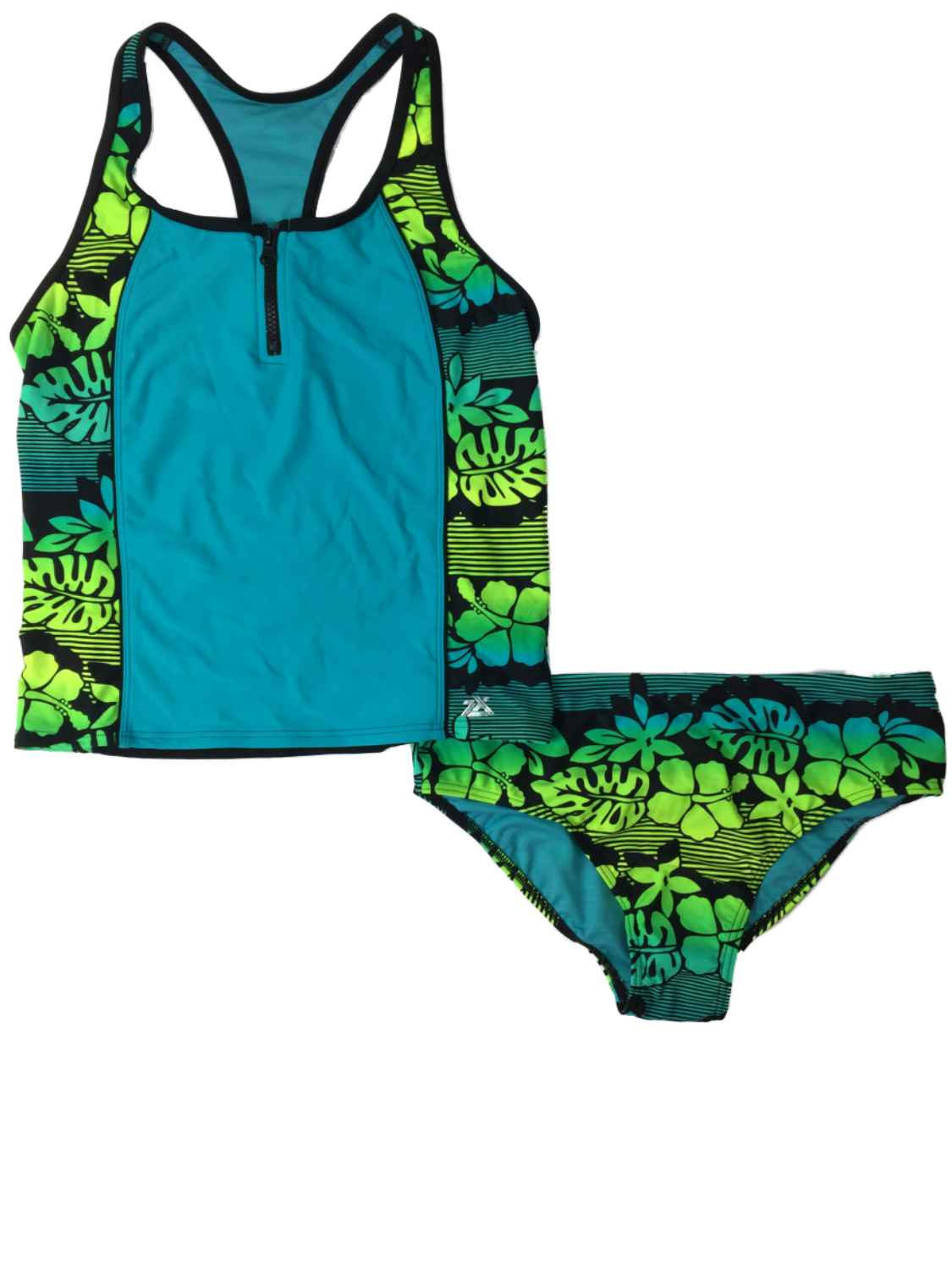 Zero Xposure Girls Black Turquoise & Neon Green Tropical Print Swimming Suit 3 Piece Set