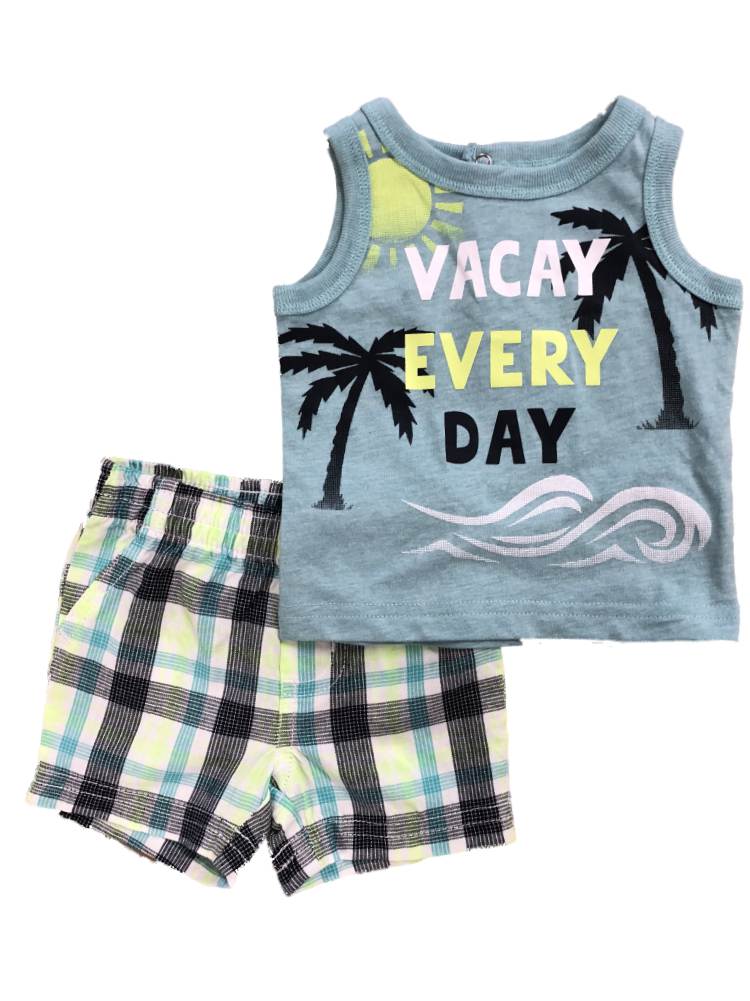 KOALA Infant Boys Vacay Every Day Baby Outfit Tank Top Shirt & Plaid Shorts Newborn