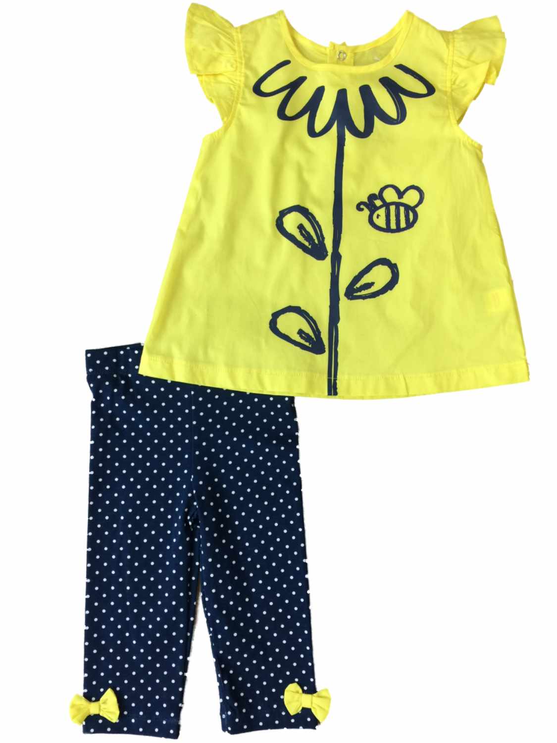 Fisher-Price Infant Toddler Girls Yellow & Navy Daisy Bee Outfit 2 Piece Polka Dot Outfit